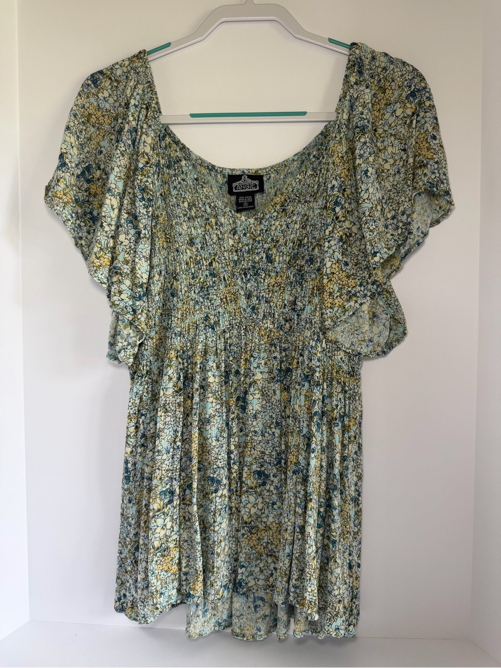 Angie Blue-Yellow Floral Smocked Top with Flutter Sleeves